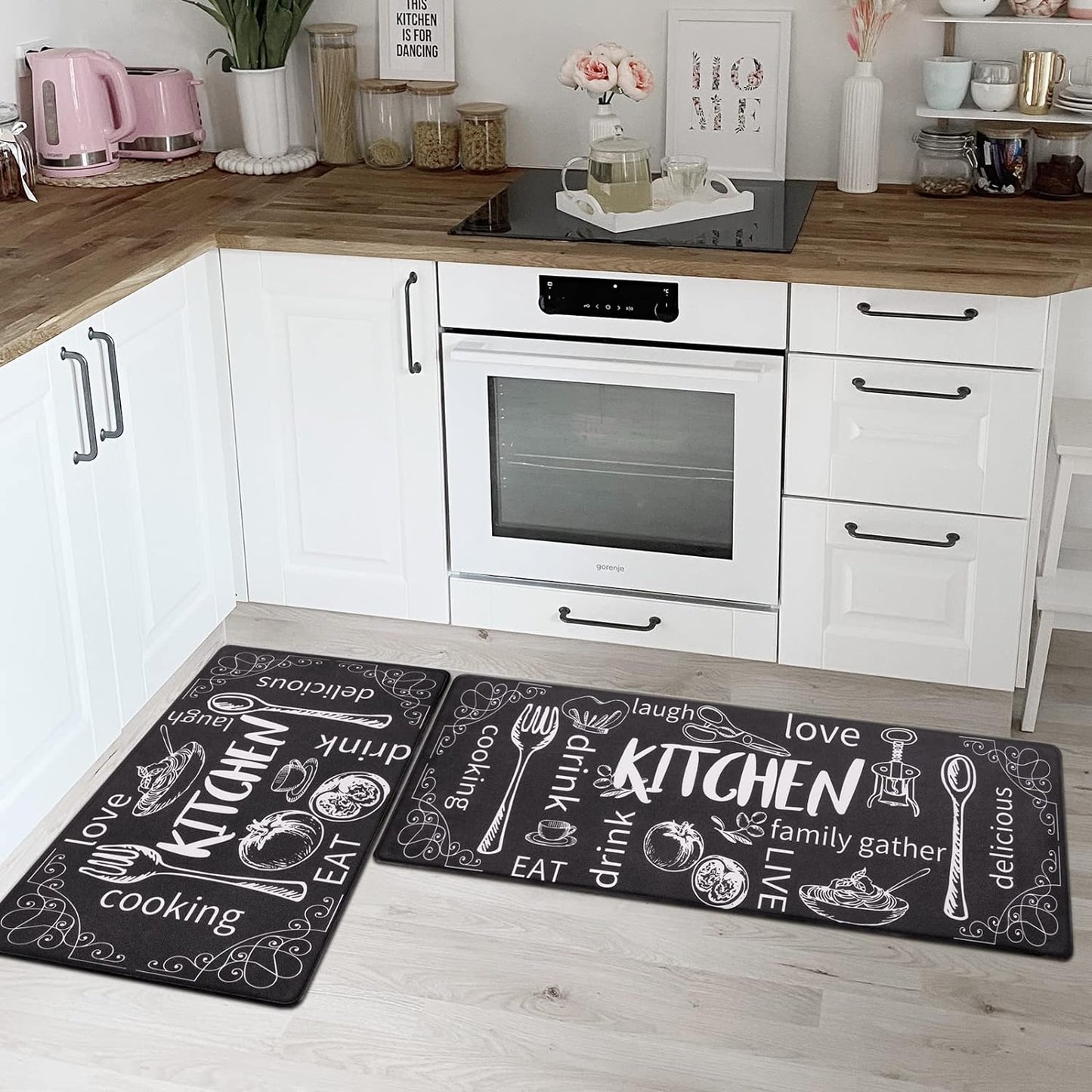 anti Fatigue Kitchen Mat Set of 2 Non Slip Thick Cushioned Kitchen Rug Sets with Runner 17"X48"+17"X28" Heavy Duty Comfort Standing Mats Waterproof Kitchen Carpet