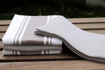 Kitchen Towels|2 Stripe + 2 Waffle Cotton Dish Towels for Drying Dishes|28X20 Inch Kitchen Hand Towels,Tea Towels,Dish Towels for Kitchen|Quick Drying Absorbent Fall Kitchen Towels|Beige