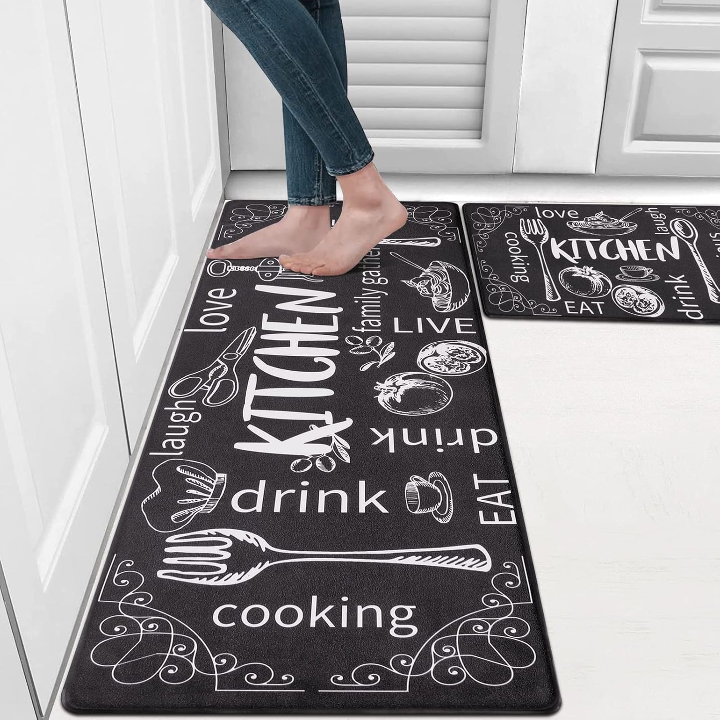 anti Fatigue Kitchen Mat Set of 2 Non Slip Thick Cushioned Kitchen Rug Sets with Runner 17"X48"+17"X28" Heavy Duty Comfort Standing Mats Waterproof Kitchen Carpet