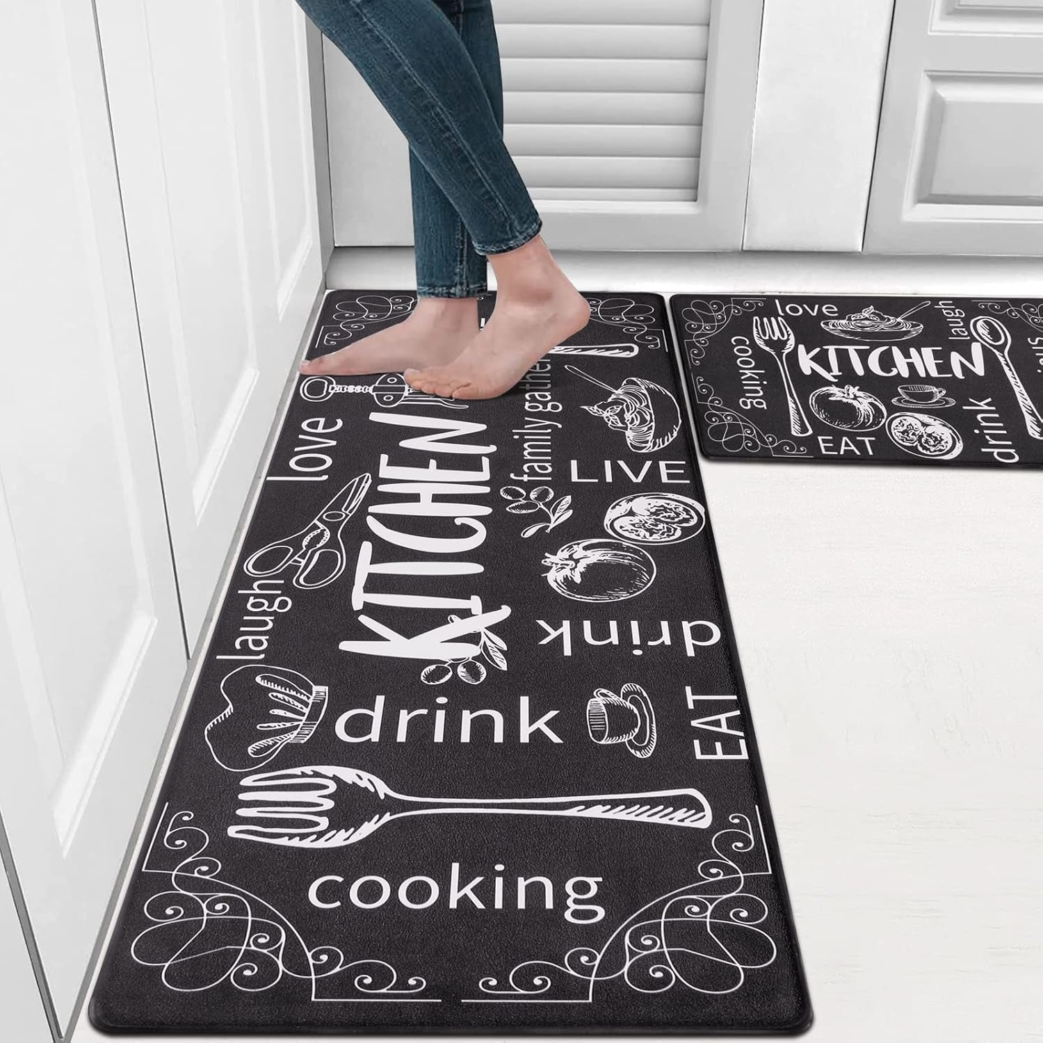 anti Fatigue Kitchen Mat Set of 2 Non Slip Thick Cushioned Kitchen Rug Sets with Runner 17"X48"+17"X28" Heavy Duty Comfort Standing Mats Waterproof Kitchen Carpet