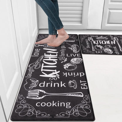 anti Fatigue Kitchen Mat Set of 2 Non Slip Thick Cushioned Kitchen Rug Sets with Runner 17"X48"+17"X28" Heavy Duty Comfort Standing Mats Waterproof Kitchen Carpet