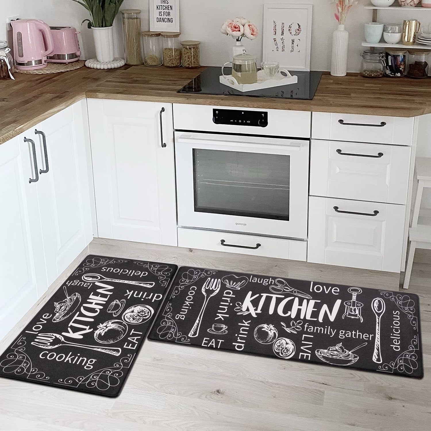 anti Fatigue Kitchen Mat Set of 2 Non Slip Thick Cushioned Kitchen Rug Sets with Runner 17"X48"+17"X28" Heavy Duty Comfort Standing Mats Waterproof Kitchen Carpet
