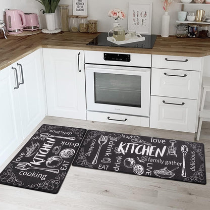 anti Fatigue Kitchen Mat Set of 2 Non Slip Thick Cushioned Kitchen Rug Sets with Runner 17"X48"+17"X28" Heavy Duty Comfort Standing Mats Waterproof Kitchen Carpet