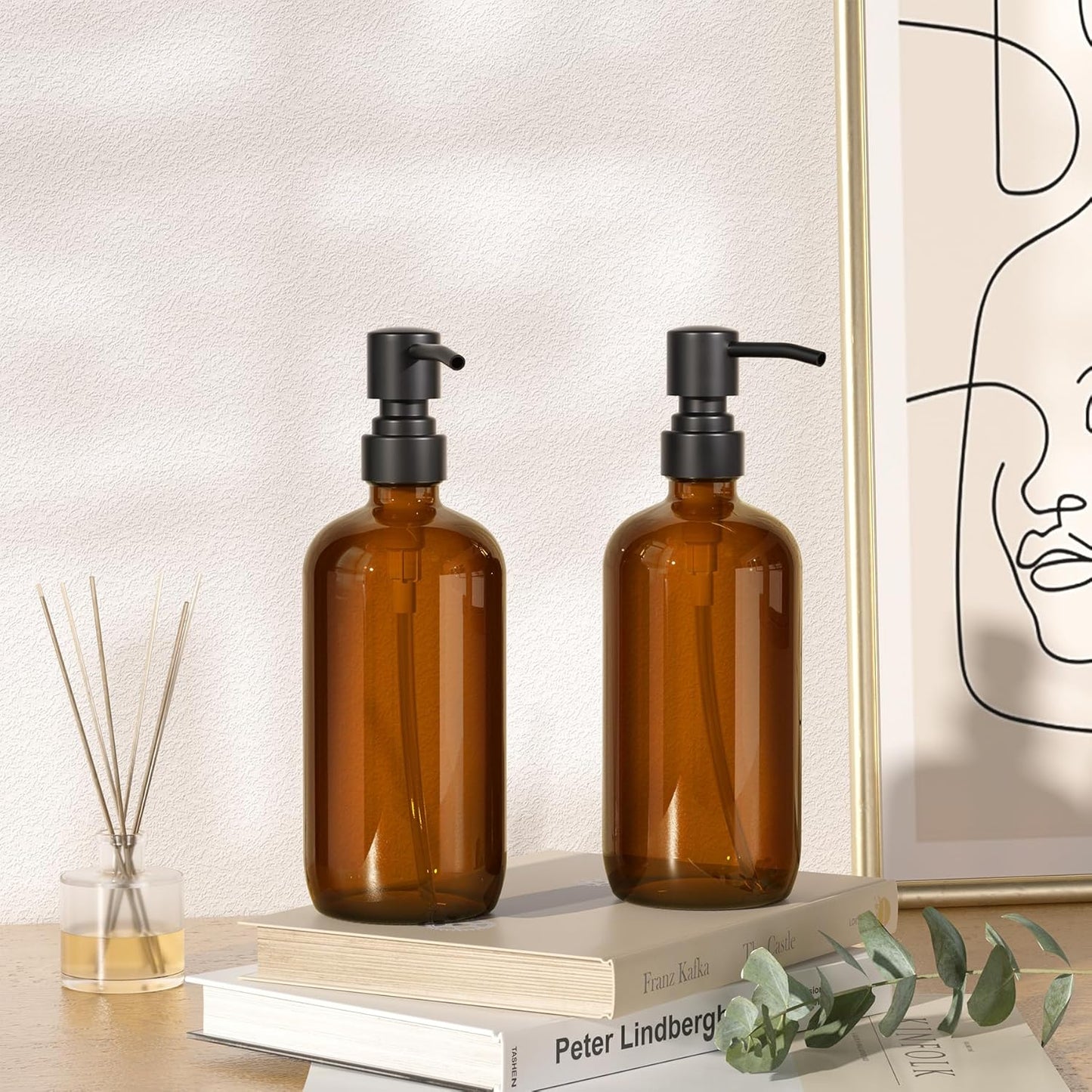 Amber Glass Soap Dispenser, 2 Pack Thick Amber Pint Jar Bottle with Black Pump Stainless Steel, 17 Oz Bathroom Hand Soap Dispenser for Liquid Lotion, Dish Soap Dispenser for Kitchen